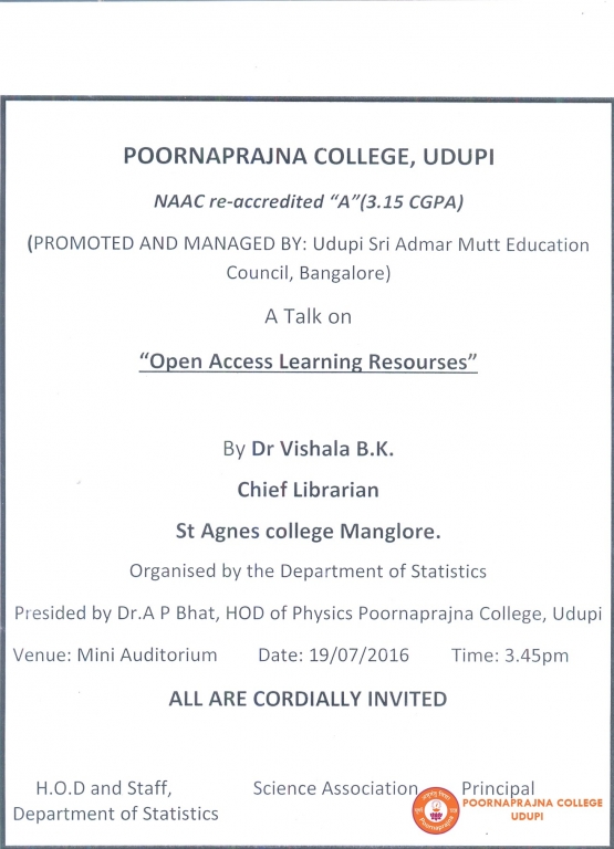 A guest lecturer on Open Access Learning Resources by Dr, Vishala B K